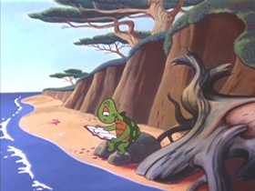 Screenshots from the 1953 Walter Lantz cartoon The Flying Turtle