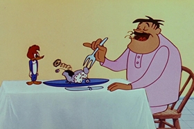 Screenshots from the 1955 Walter Lantz cartoon Helter Shelter