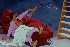 Screenshots from the 1955 Walter Lantz cartoon Helter Shelter