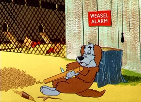 Screenshots from the 1956 Warner Bros. cartoon Weasel Stop