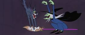 Screenshots from the 1956 MGM cartoon The Flying Sorceress