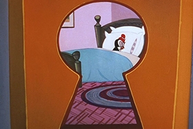 Screenshots from the 1956 Walter Lantz cartoon Room and Wrath