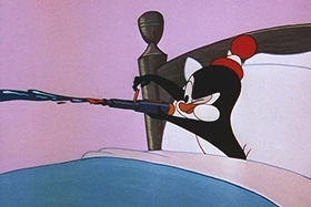 Screenshots from the 1956 Walter Lantz cartoon Room and Wrath