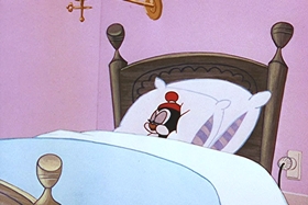 Screenshots from the 1956 Walter Lantz cartoon Room and Wrath