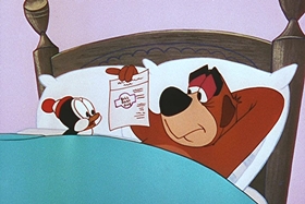 Screenshots from the 1956 Walter Lantz cartoon Room and Wrath