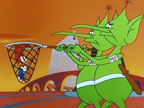 Screenshots from the 1956 Walter Lantz cartoon Woodpecker From Mars