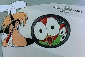 Screenshots from the 1957 Walter Lantz cartoon Red Riding Hoodlum