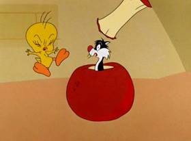 Screenshots from the 1957 Warner Bros. cartoon Tweety and the Beanstalk