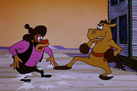 Screenshots from the 1958 Walter Lantz cartoon Half-Empty Saddles