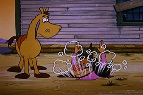 Screenshots from the 1958 Walter Lantz cartoon Half-Empty Saddles