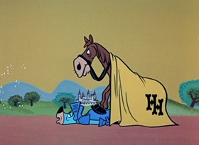 Screenshots from the 1958 Hanna-Barbera cartoon Sir Huckleberry Hound