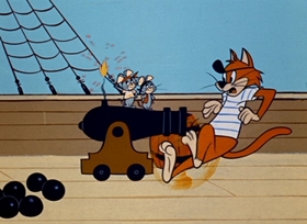 Screenshots from the 1958 Hanna-Barbera cartoon Pistol Packin’ Pirate