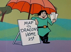 Screenshots from the 1958 Hanna-Barbera cartoon Dragon-Slayer Huck