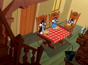 Screenshots from the 1960 Warner Bros. cartoon Goldimouse and the Three Cats