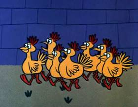 Screenshots from the 1962 Jay Ward Productions cartoon The Seven Chickens