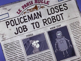 Screenshots from the 1968 DePatie Freleng cartoon Les Miserobots