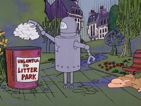 Screenshots from the 1968 DePatie Freleng cartoon Les Miserobots