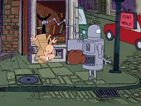Screenshots from the 1968 DePatie Freleng cartoon Les Miserobots
