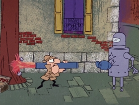 Screenshots from the 1968 DePatie Freleng cartoon Les Miserobots