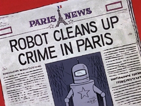 Screenshots from the 1968 DePatie Freleng cartoon Les Miserobots