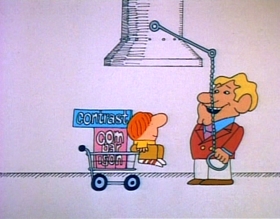 Screenshots from the 1974 Focus Design, Inc. cartoon Lolly, Lolly, Lolly, Get Your Adverbs Here