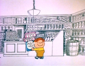Screenshots from the 1974 Focus Design, Inc. cartoon Lolly, Lolly, Lolly, Get Your Adverbs Here