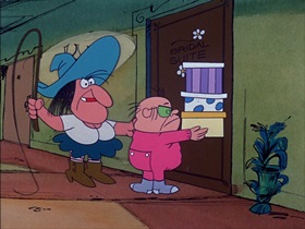 Screenshots from the 1974 DePatie Freleng cartoon The Badge and the Beautiful