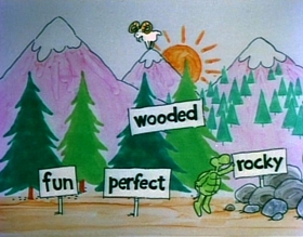Screenshots from the 1975 Focus Design, Inc. cartoon Unpack Your Adjectives