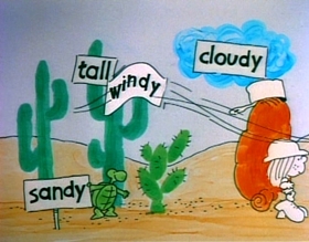 Screenshots from the 1975 Focus Design, Inc. cartoon Unpack Your Adjectives