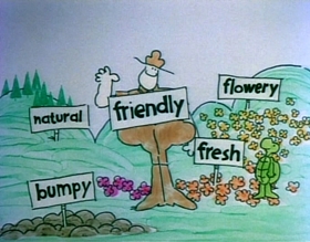 Screenshots from the 1975 Focus Design, Inc. cartoon Unpack Your Adjectives