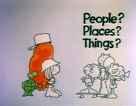 Screenshots from the 1975 Focus Design, Inc. cartoon Unpack Your Adjectives