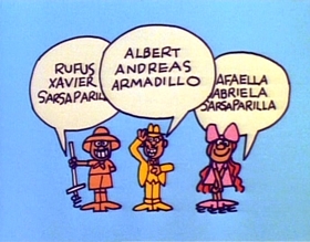 Screenshots from the 1975 Focus Design, Inc. cartoon Rufus Xavier Sarsaparilla