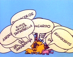 Screenshots from the 1975 Focus Design, Inc. cartoon Rufus Xavier Sarsaparilla