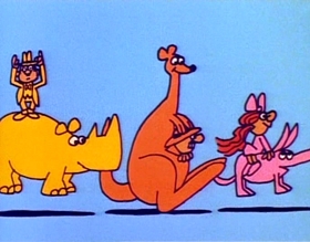 Screenshots from the 1975 Focus Design, Inc. cartoon Rufus Xavier Sarsaparilla