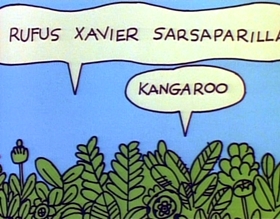 Screenshots from the 1975 Focus Design, Inc. cartoon Rufus Xavier Sarsaparilla