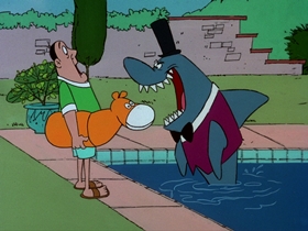 Screenshots from the 1976 DePatie Freleng cartoon The $6.95 Bionic Shark