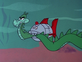 Screenshots from the 1976 DePatie Freleng cartoon The $6.95 Bionic Shark