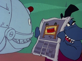 Screenshots from the 1976 DePatie Freleng cartoon The $6.95 Bionic Shark