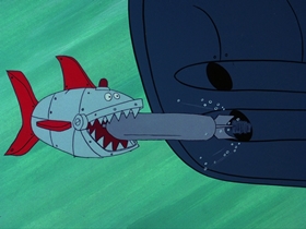Screenshots from the 1976 DePatie Freleng cartoon The $6.95 Bionic Shark