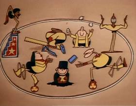 Screenshots from the 1977 Focus Design, Inc. cartoon Three Ring Government