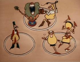 Screenshots from the 1977 Focus Design, Inc. cartoon Three Ring Government