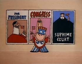 Screenshots from the 1977 Focus Design, Inc. cartoon Three Ring Government