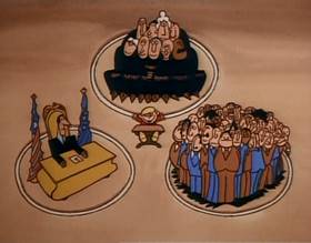 Screenshots from the 1977 Focus Design, Inc. cartoon Three Ring Government