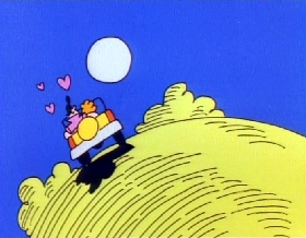 Screenshots from the 1978 Focus Design, Inc. cartoon A Victim of Gravity