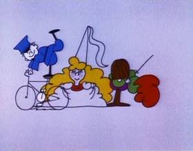 Screenshots from the 1979 Focus Design, Inc. cartoon Telegraph Line