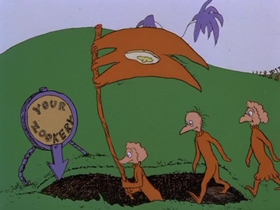 Screenshots from the 1989 Bakshi Animation cartoon The Butter Battle Book