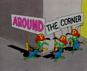 Screenshots from the 1993 Focus Design, Inc. cartoon Busy Prepositions