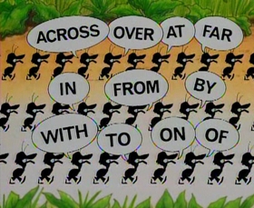 Screenshots from the 1993 Focus Design, Inc. cartoon Busy Prepositions