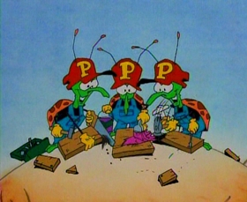 Screenshots from the 1993 Focus Design, Inc. cartoon Busy Prepositions