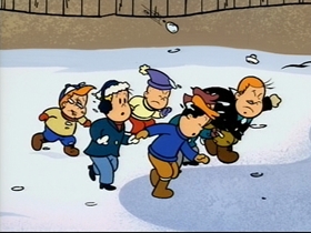 Screenshots from the 1995 CINAR cartoon Snowball War